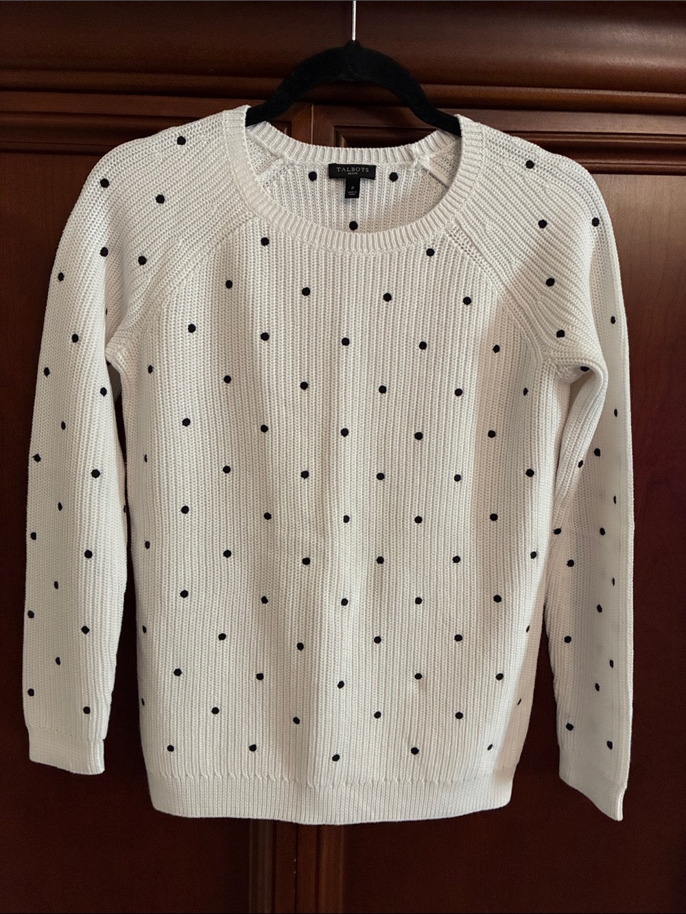 Talbots Cream Crewneck Sweater with Black Polka Dots